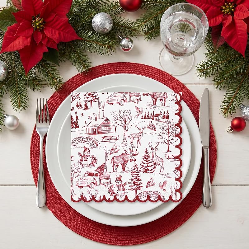 Christmas Napkins 50 Ct 3-Ply Red Toile Village 6.5" Disposable Dinner Napkins