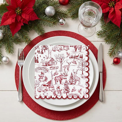 Christmas Napkins 50 Ct 3-Ply Red Toile Village 6.5" Disposable Dinner Napkins