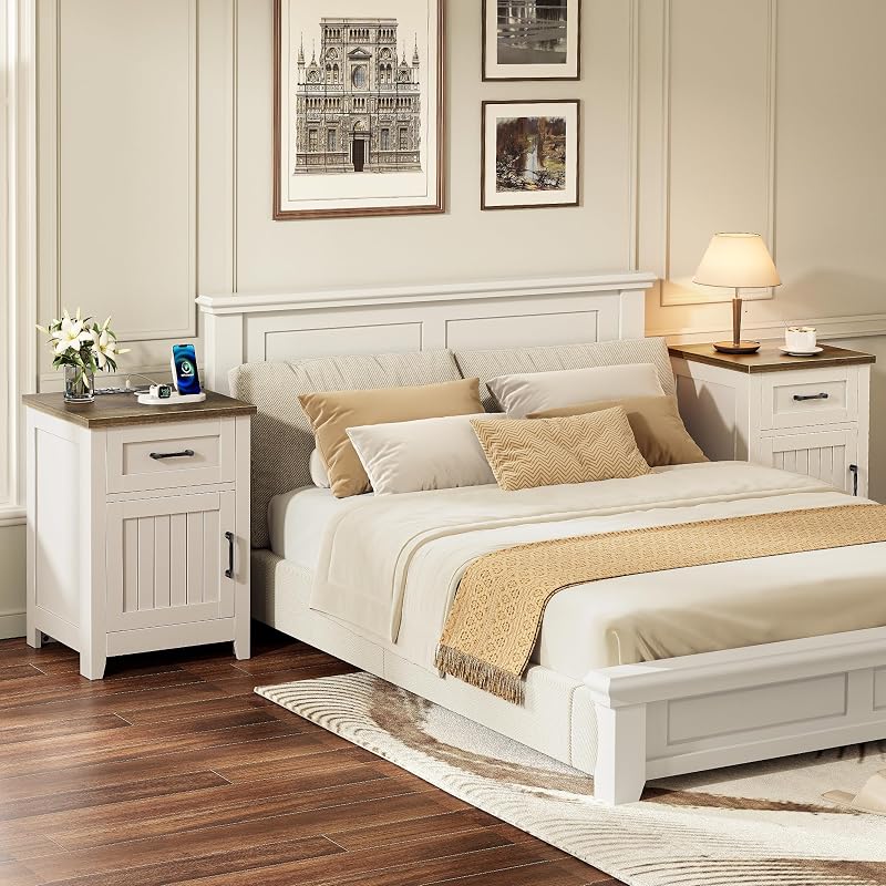 End Table Set of 2 with Built-In Charging Station, White