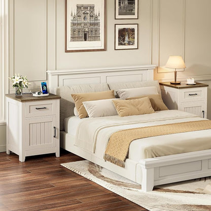 End Table Set of 2 with Built-In Charging Station, White