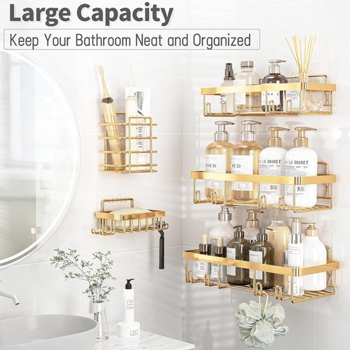 Liuoud Shower Caddy Organizer - Rustproof Stainless Steel Wall Storage Basket Set - Gold Finish, 5 Pack
