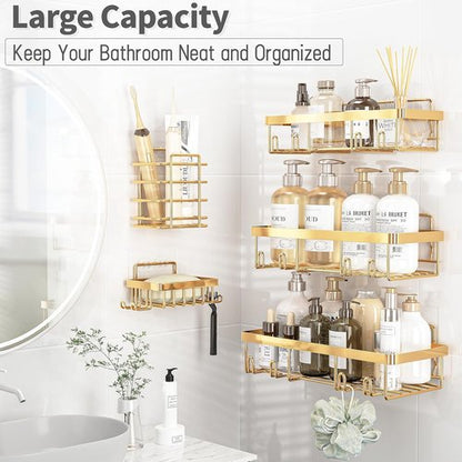 Liuoud Shower Caddy Organizer - Rustproof Stainless Steel Wall Storage Basket Set - Gold Finish, 5 Pack