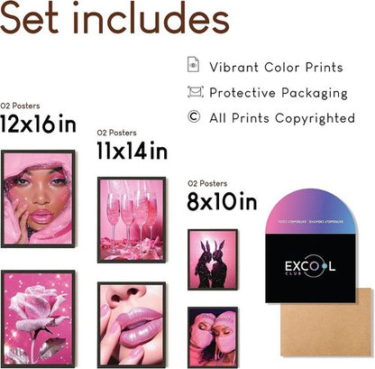 EXCOOL CLUB Pink Room Decor - Aesthetic 12x16 Hot Pink Wall Art Prints for Trendy Teen Girls' Dorm (Unframed)