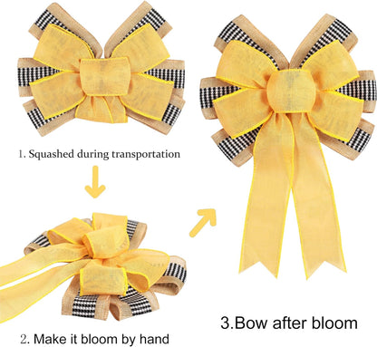 Skiennix Decorative Bow Set - 2 PCS Yellow Burlap & Black White Stripe for Holiday Wreaths | Outdoor Decor