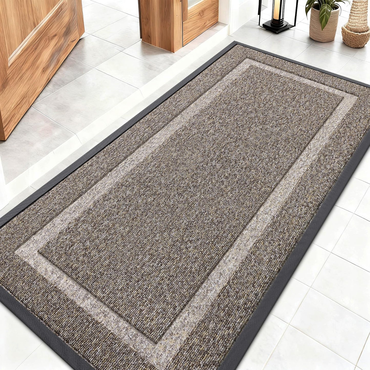 OLANLY Front Door Mat Indoor Outdoor Entrance, Waterproof All-Season, All-Weather Doormat, Sturdy Natural Rubber, Low Profile, Easy Clean Patio Porch Entryway Mat, 47x23, Khaki and White