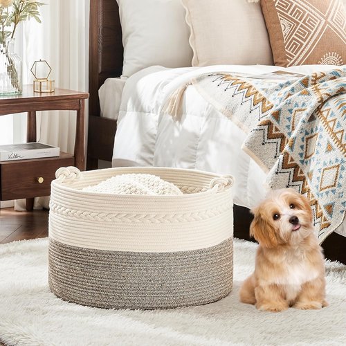 KAKAMAY Large Woven Blanket Basket - Cotton Rope Storage Hamper for Baby Laundry & Toys | White/Beige