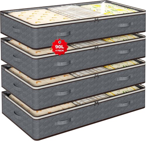 90L Under Bed Storage Containers by [Brand Name] - 4-Pack Closet Organizers with Transparent Lids | Ideal for Clothes, Shoes, Blankets & Pillows - Grey