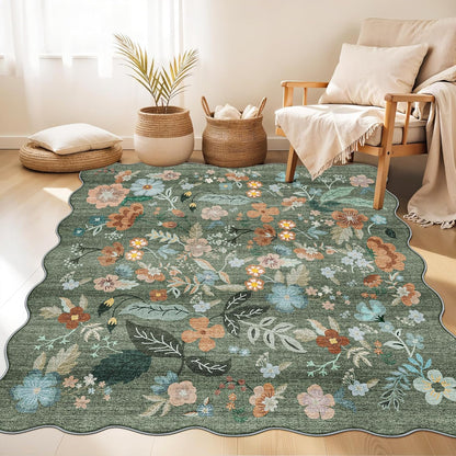 Skiennix Floral Square Area Rug - Washable 5x5 Soft Water-Resistant Carpet for Living Room & Bedroom