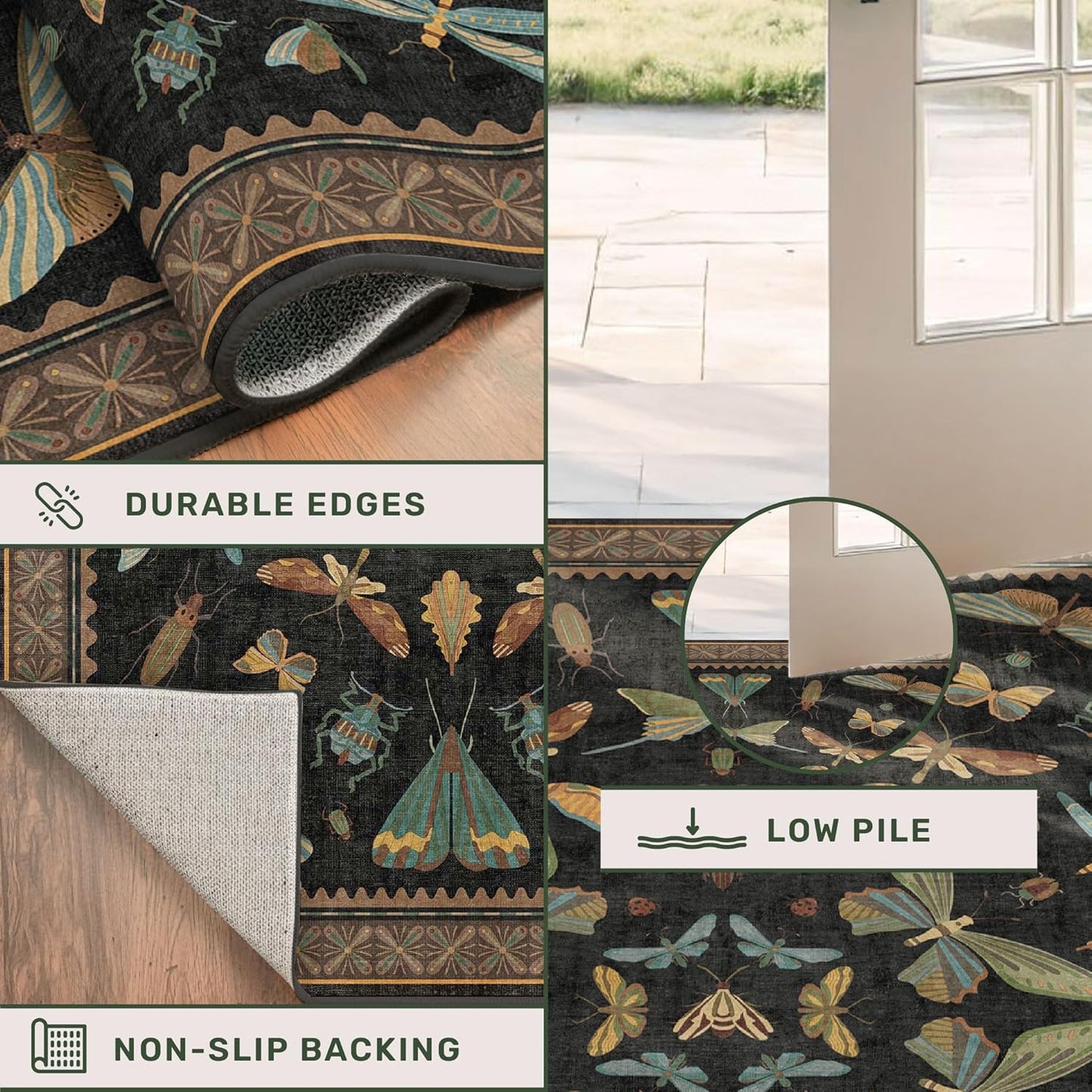 Nature Insect Fantasy | 2x6 Black Entryway Runner Rug - Washable, Non-Slip, Ultra Soft & Stain Resistant