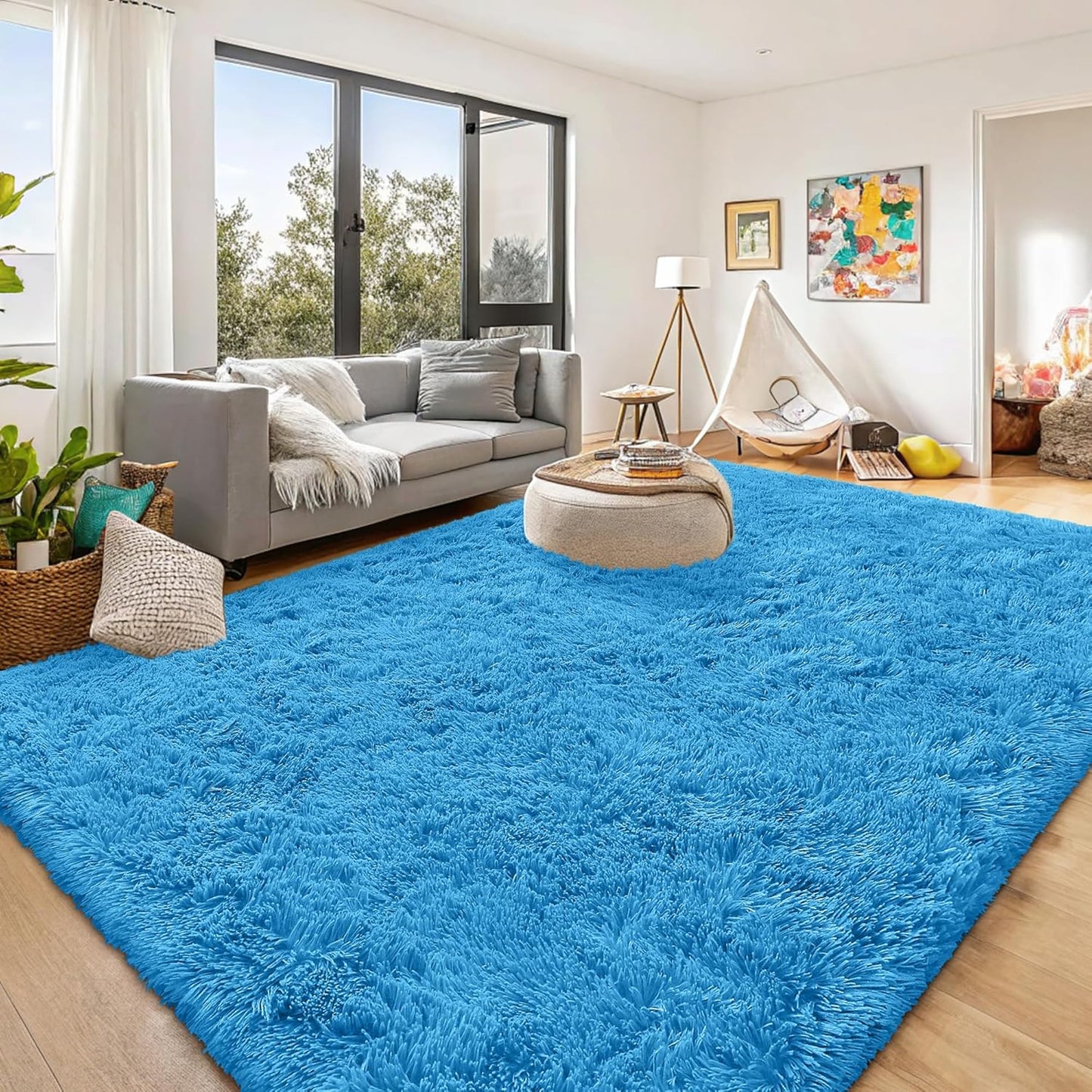 OLANLY Large Area Rug - Soft Fluffy Shaggy Carpet for Living Room & Bedroom | Bright Blue, Machine Washable