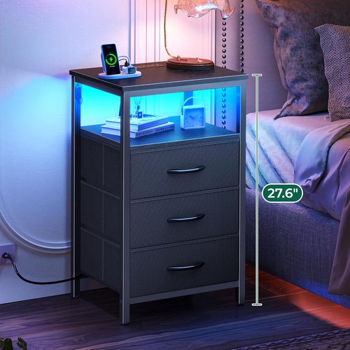 Huuger Night Stand - 3 Drawer Bedside Table with Charger Station & LED Lights | Black Fabric Dresser