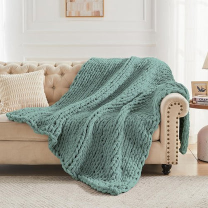 Carriediosa Chunky Knit Throw Blanket 50" X 60", 100% Hand Made Large Chenille Loop Yarn Soft Fluffy Throws for Couch Sofa Bed, Big Crochet Cozy Heavy Thick Cable Woven Blanket, Sage Green