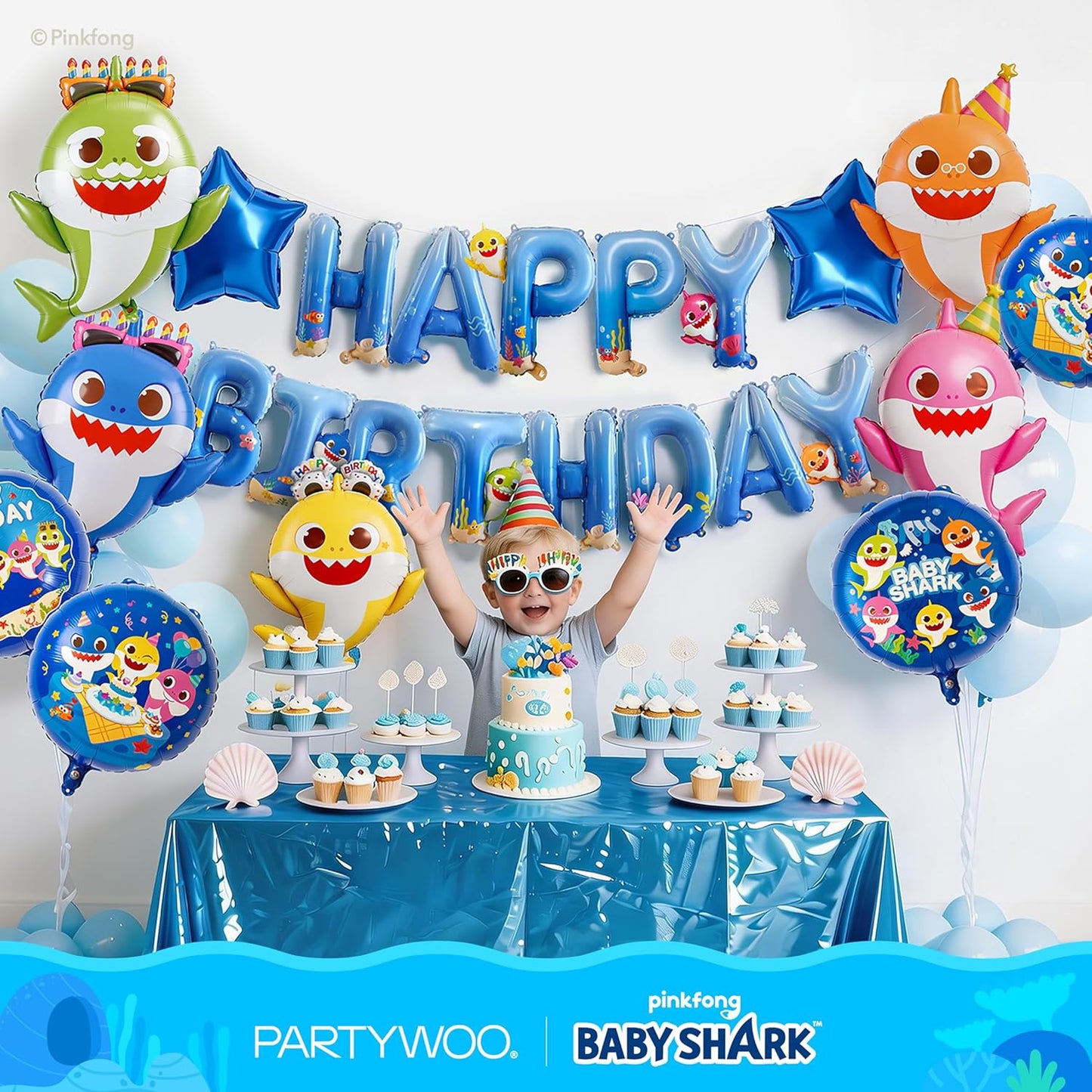 PartyWoo Baby Shark Blue Happy Birthday Banner - 16 Inch Mylar Foil Letter Balloons for Kids