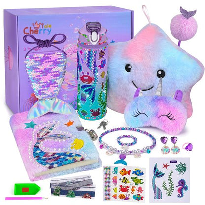 Cherry Tale Mermaid Toys Gifts for Girls 4-6 7 8 9 10 Years Old, Girls Birthday Gifts Set with Light Up Star Pillow Diary Plush DIY Water Bottle Kits, for Daughter Niece Christmas