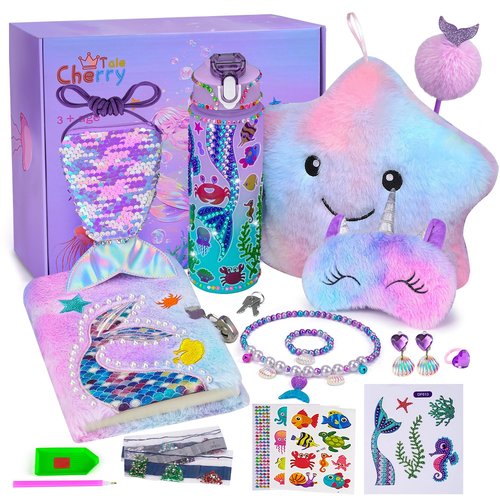 Cherry Tale Mermaid Toys Gifts for Girls 4-6 7 8 9 10 Years Old, Girls Birthday Gifts Set with Light Up Star Pillow Diary Plush DIY Water Bottle Kits, for Daughter Niece Christmas