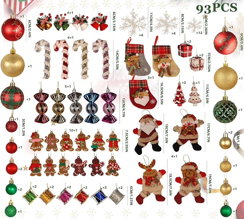 93-Count Christmas Ornament Set - Shatterproof Baubles, Gingerbread Men, Santa Reindeer