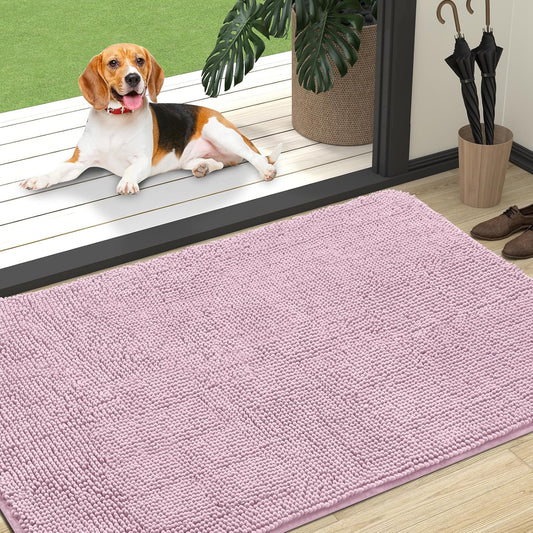 OLANLY Dog Door Mat - Absorbent Non-Slip Chenille Mat for Muddy Paws | 47x32, Dusty Rose Color