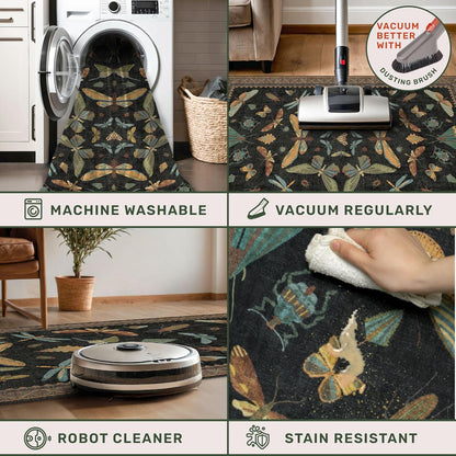 Nature Insect Fantasy | 2x6 Black Entryway Runner Rug - Washable, Non-Slip, Ultra Soft & Stain Resistant