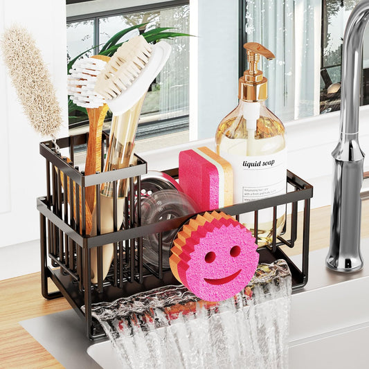 Skiennix Smiley Face Sponge Holder - Self-Draining Kitchen Sink Caddy with Removable Brush Holder | Essential Kitchen Gadget