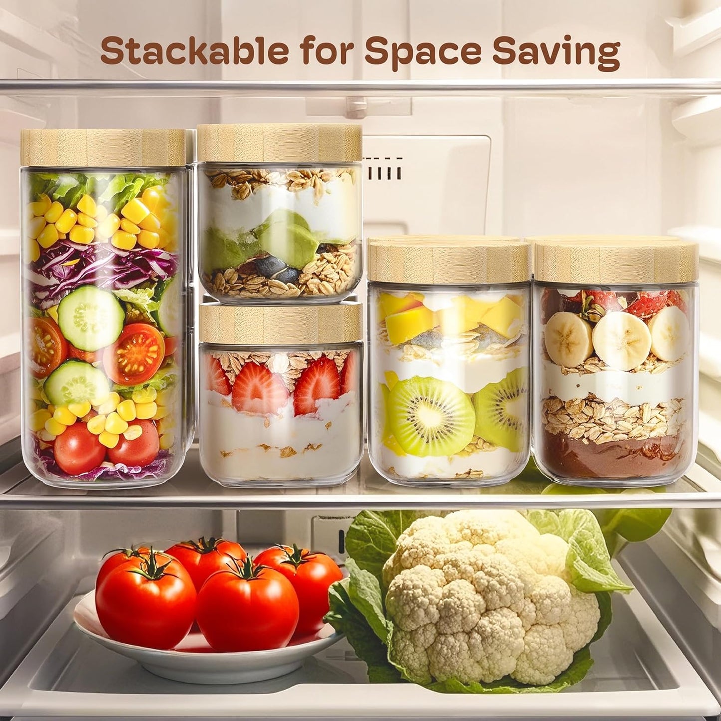 Skiennix 16oz Overnight Oats Containers - Airtight Glass Jars with Bamboo Lids for Meal Prep | 4-Pack