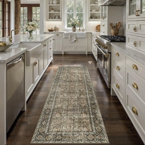 PureCozy Brown Runner Rug 2x6 Vintage Area Carpet Hallway Long Indoor Kitchen Washable Living Room Low Pile Traditional Distressed Retro Accent Throw Rug Non Slip Laundry Bathroom Office Dining Room