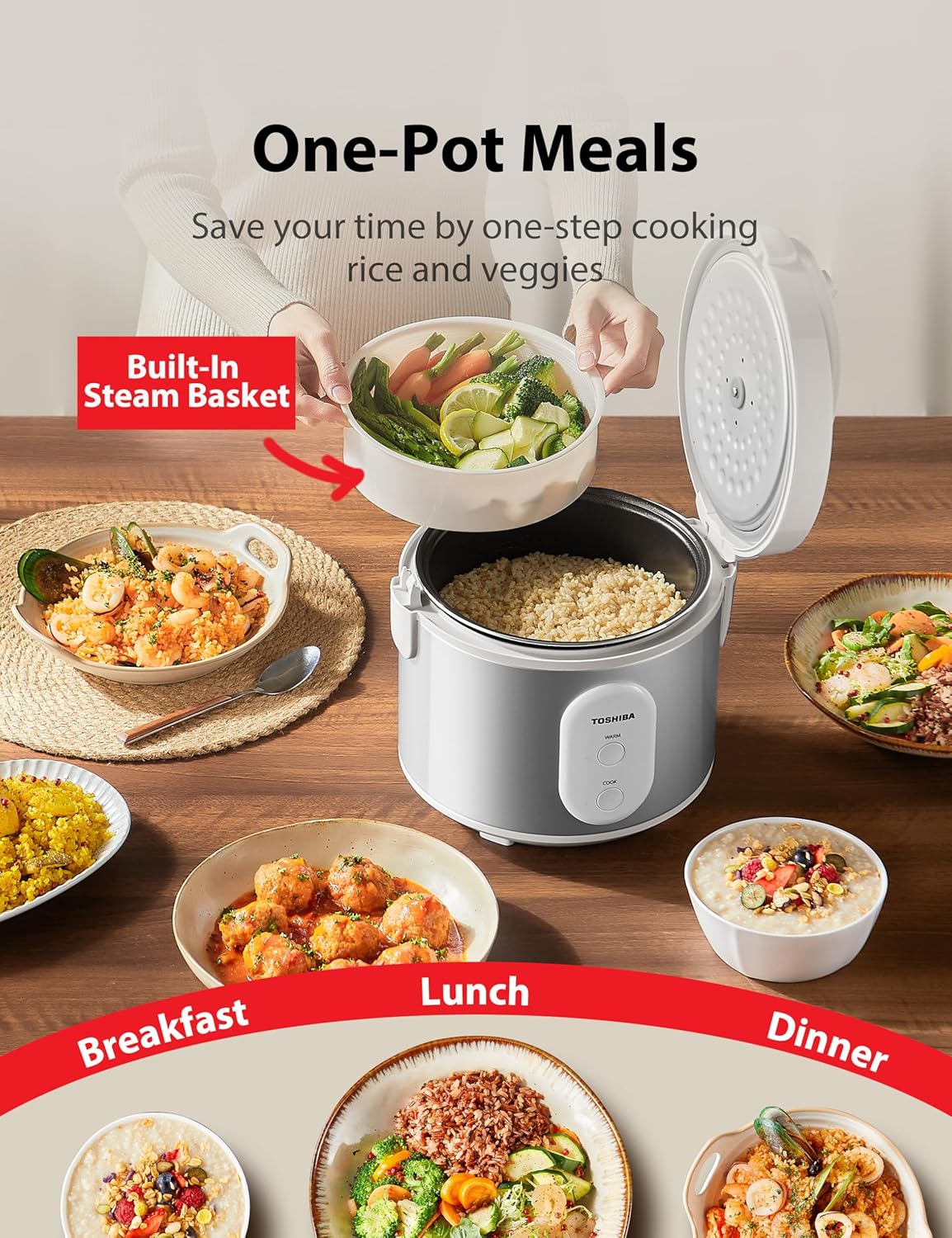 TOSHIBA 5.5 Cup Rice Cooker & Steamer - Removable Non-Stick Pot, One-Touch Function, Silver White