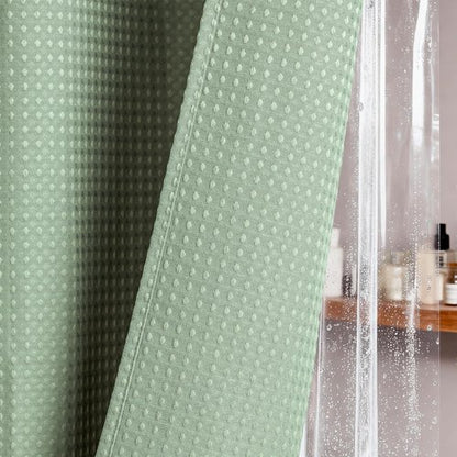 Dynamene Extra Long Shower Curtain and Liner Set - 96 inch Tall Waffle Fabric, Waterproof Clear Liner, Heavy Duty Weighted Hotel Luxury Shower Curtains for Bathroom with 12 Hooks, 72x96, Sage Green