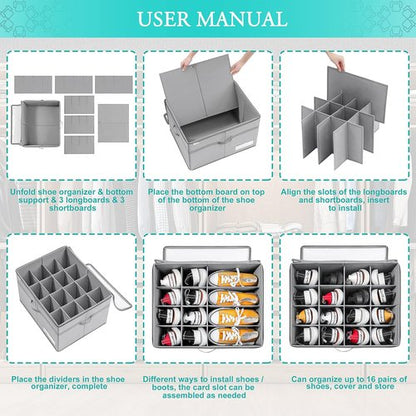 LUVHOMEE Shoe Organizer - Clear Foldable Storage Bins for 16 Pairs - Space-Saving Gray Design