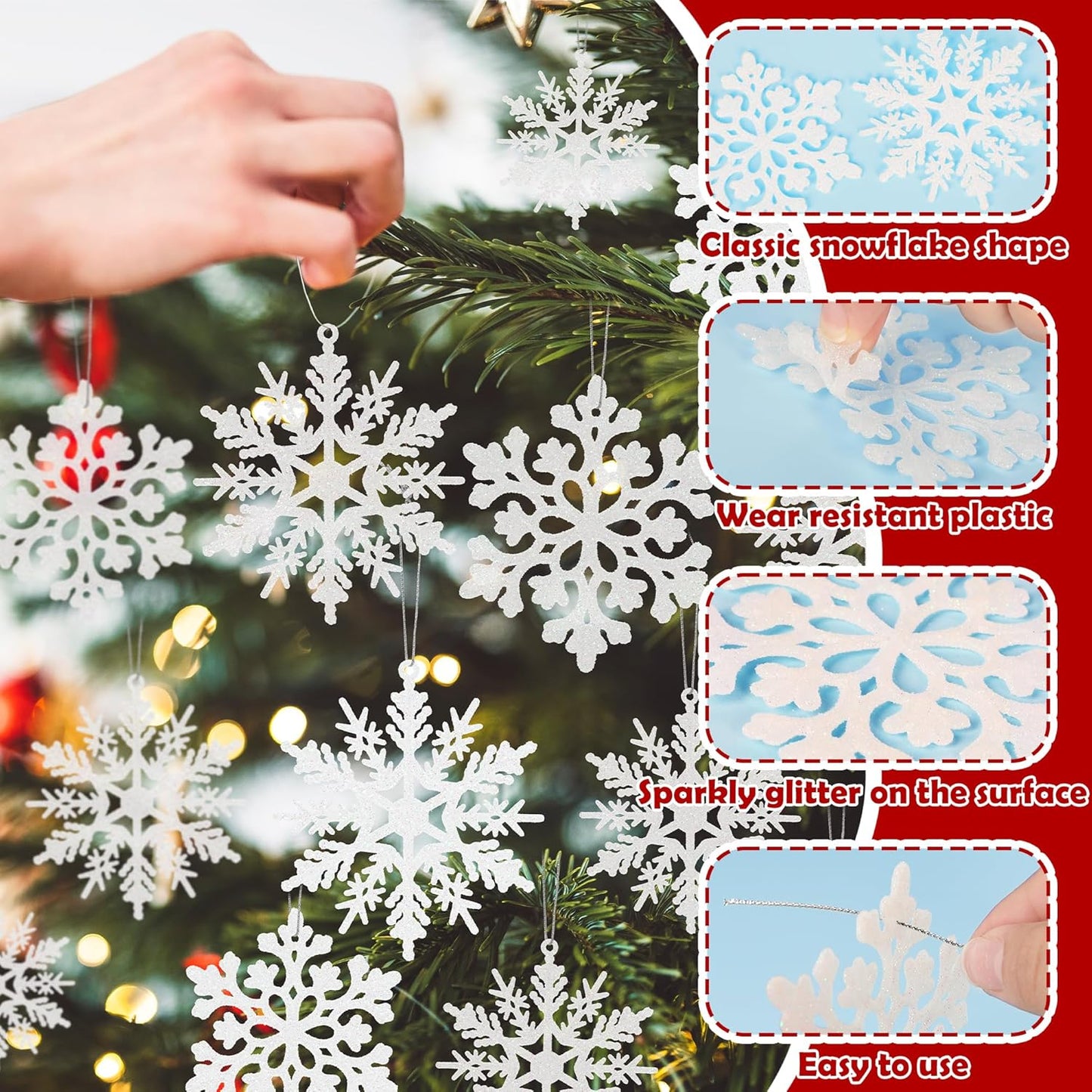 Skiennix 24PCS Snowflake Ornaments - White Glitter Christmas Tree Decorations for Winter Wonderland Decor