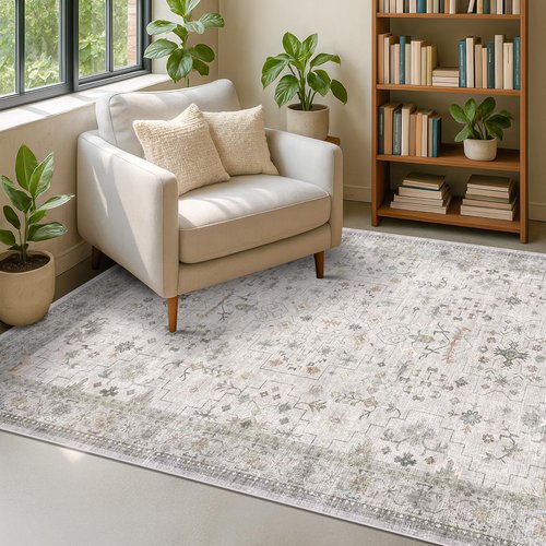 Hazo Haus Boho Light Grey 5x8 Area Rug - Modern Vintage Floral Design, Washable Non-Slip for Living Room & Nursery