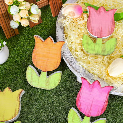 Whaline Spring Tulips Wood Signs - Rustic Floral Table Decor for Farmhouse Centerpieces | 4-Piece Set
