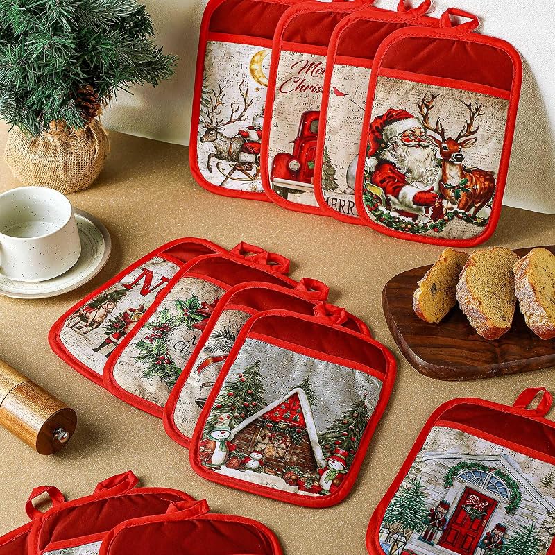 Jingmore 12 Pcs Christmas Pot Holders with Pocket – Red White Retro Style