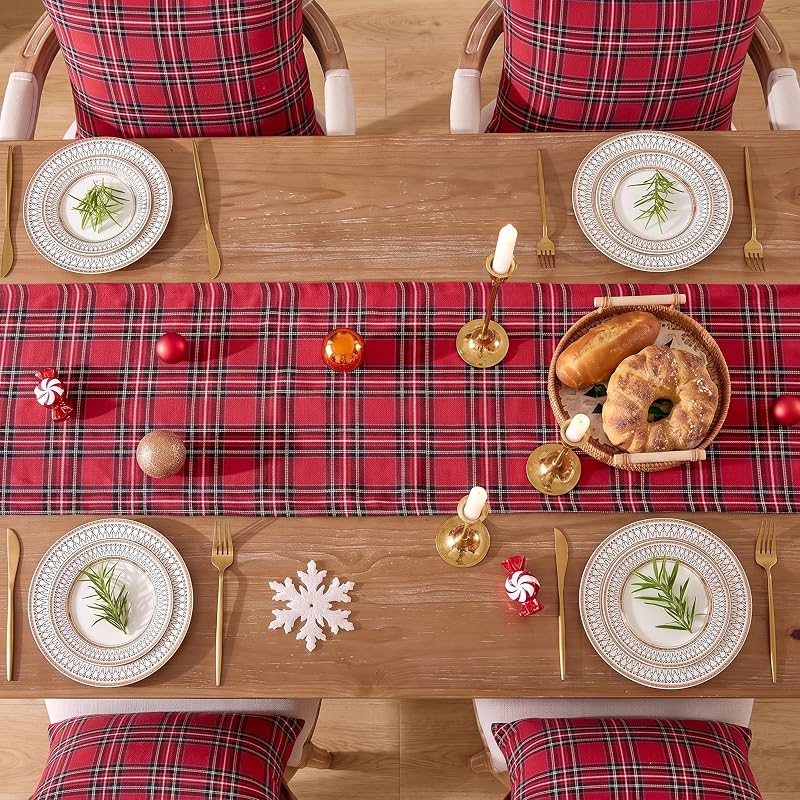 Red Buffalo Plaid Christmas Table Runner 72 Inch – Washable Woven Cotton-Blend
