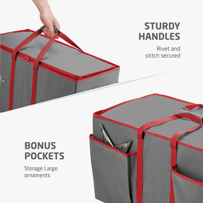 ZOBER Large Christmas Ornament Storage Box | Holds 128 3" Ornaments - Durable Organizer with Dividers & Extra Pockets - Gray