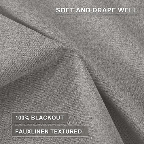 Melodieux 100% Blackout Linen Textrued Curtains for Living Room, Full Light Blocking Thermal Insulated Grommet Curtain Drapes with Black Back for Bedroom, 42 x 63 Inch, Grey (2 Panels)