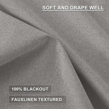 Melodieux 100% Blackout Linen Textrued Curtains for Living Room, Full Light Blocking Thermal Insulated Grommet Curtain Drapes with Black Back for Bedroom, 42 x 63 Inch, Grey (2 Panels)
