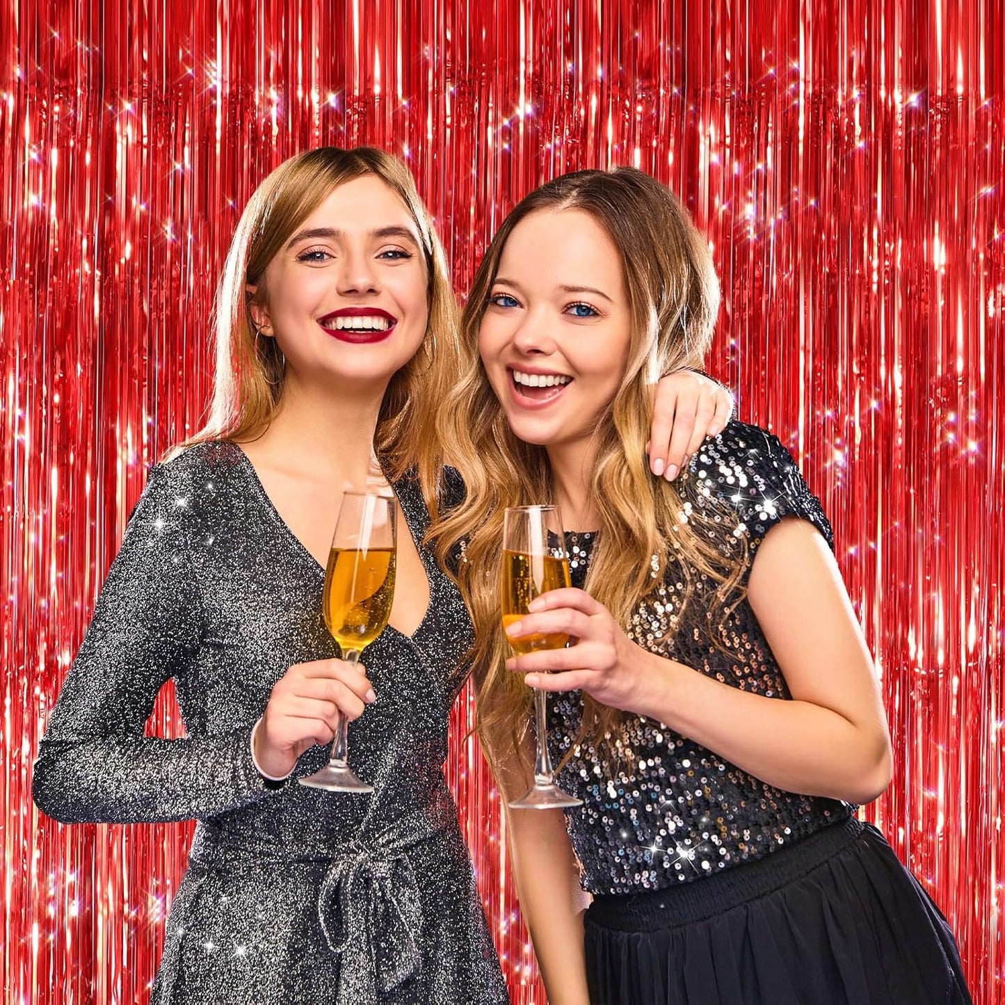 Red Metallic Tinsel Foil Fringe Curtains by [Brand Name] - 2 Pack Photo Booth Backdrop for Parties & Events