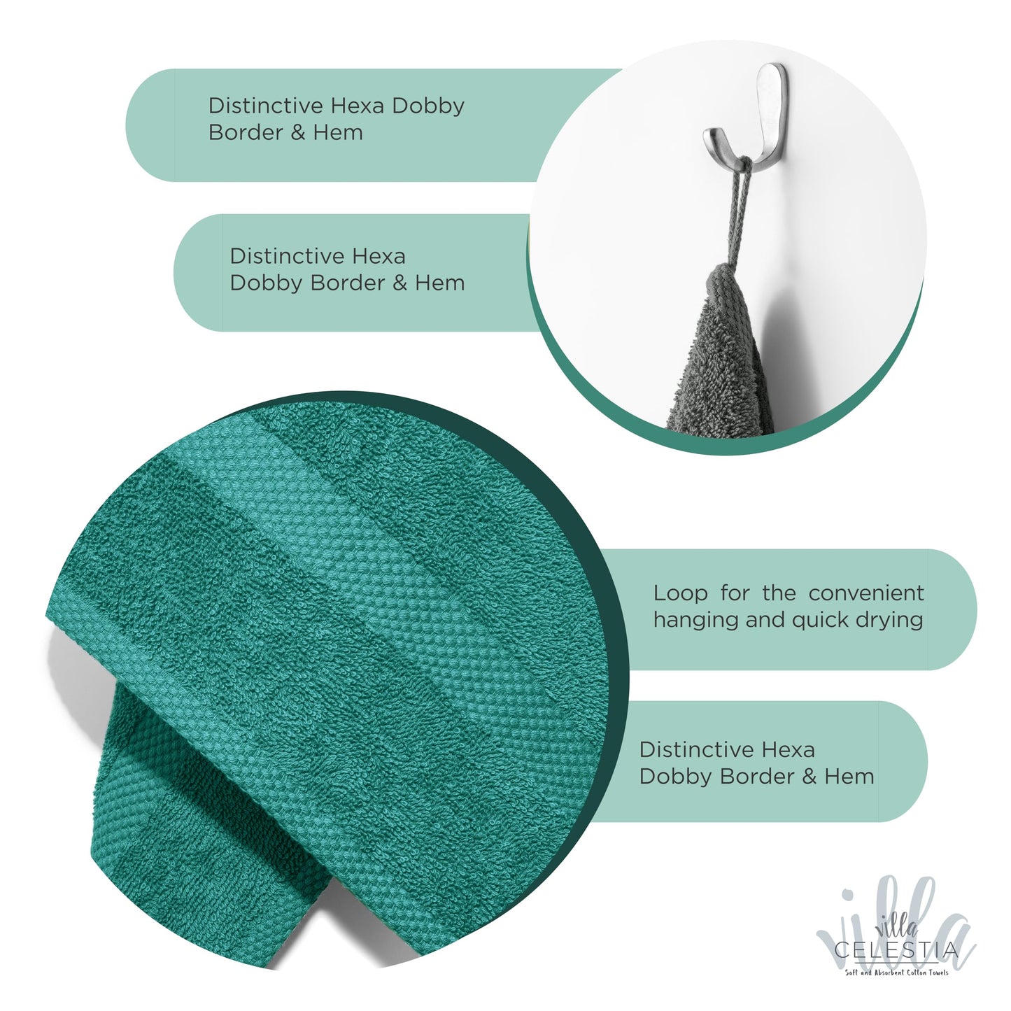 Villa Celestia 100% Cotton Wash Cloth for face & Body Set of 12, (12 x 12 inches) Sustainable, Soft, Highly Absorbent, Combed Cotton Wash Cloths Pack of 12 for Hotels, Spa, Bathroom, Dorm, Teal