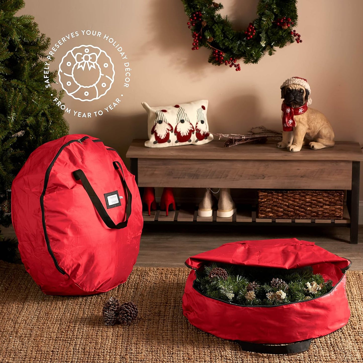 ZOBER Oxford Christmas Wreath Storage Container - 36 Inch Waterproof Bag with Dual Zippers & Durable Handles - Red
