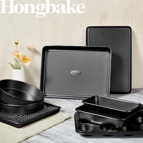 HONGBAKE 9-Piece Nonstick Baking Pans Set - Stackable, Non-Toxic Bakeware with Diamond Texture | Gray