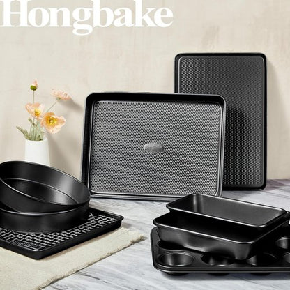 HONGBAKE 9-Piece Nonstick Baking Pans Set - Stackable, Non-Toxic Bakeware with Diamond Texture | Gray