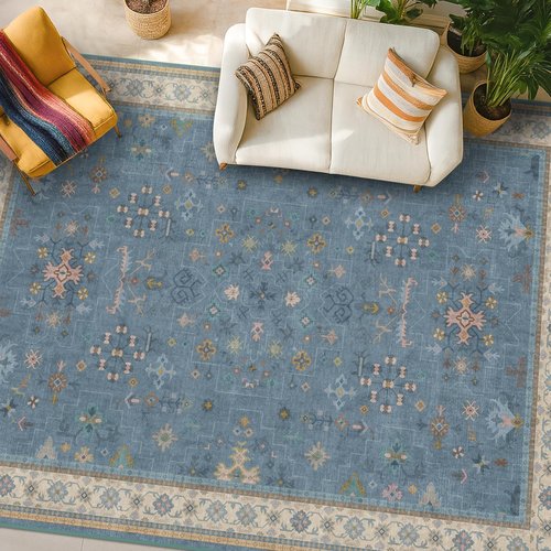 Hazo Haus Boho Accent Area Rug - Soft Washable 7x10 Dusky Blue for Living Room & Bedroom Decor