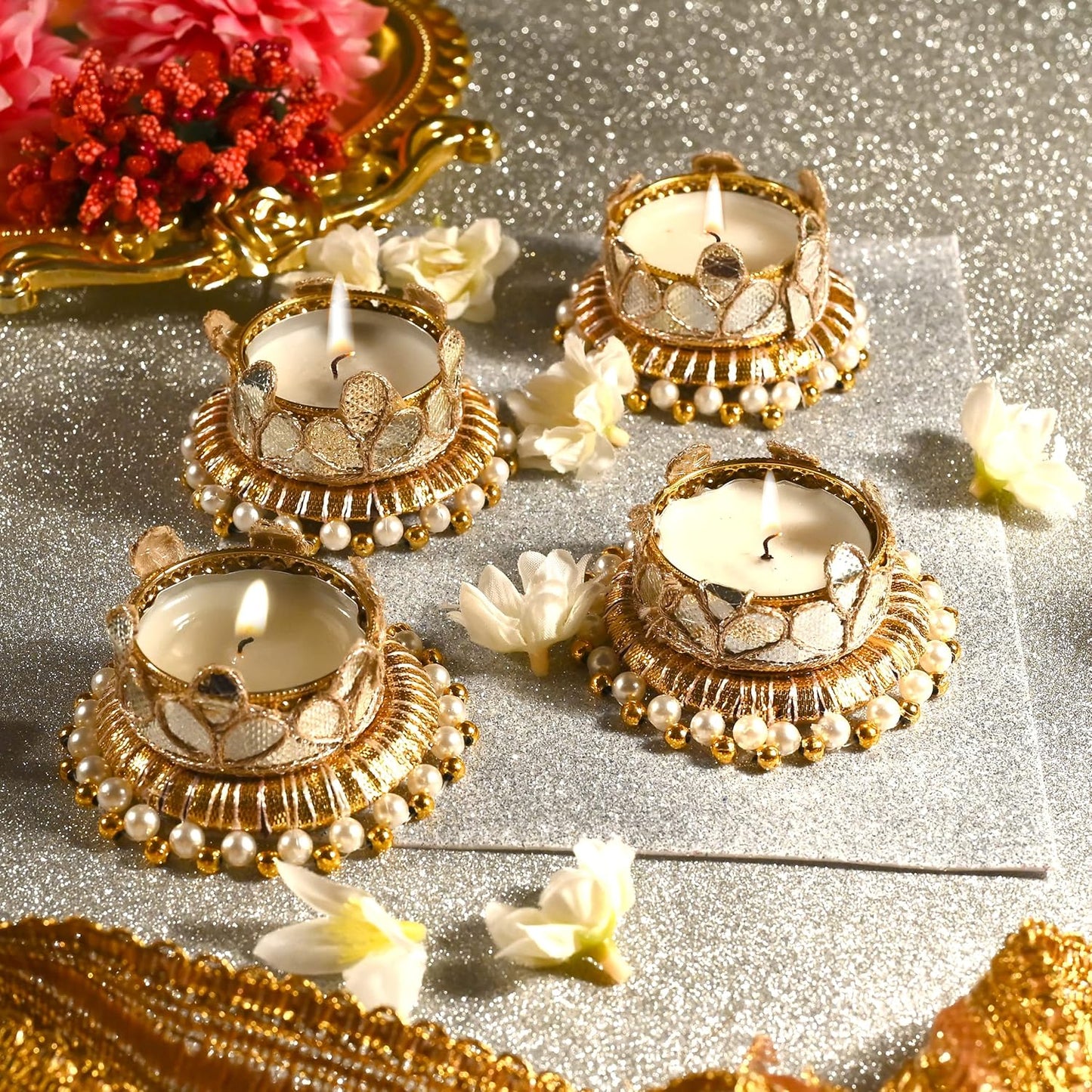Skiennix Jute Ring Tealight Candle Holders - Set of 4 with Moti Beads | Golden Indian Decor for Weddings & Festivals