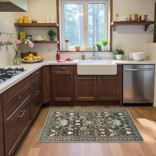 Skiennix Washable 4x6 Bedroom Rug - Non-Slip Floral Carpet for Living Room & Kitchen | Soft Low Pile Doormat in Green