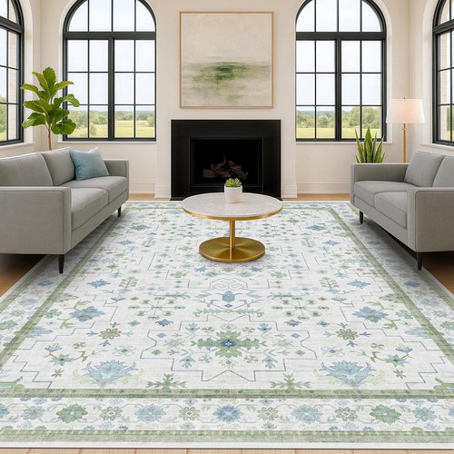 Hazo Haus Washable Area Rugs - Extra Large 10x12 Cream Blue Green Floral Geometric Design