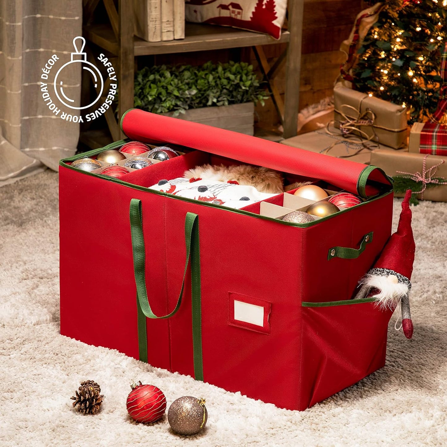 ZOBER Large Christmas Ornament Storage Box - Holds 80 3" Ornaments with Dividers | Durable Red Container for Figurines and Accessories