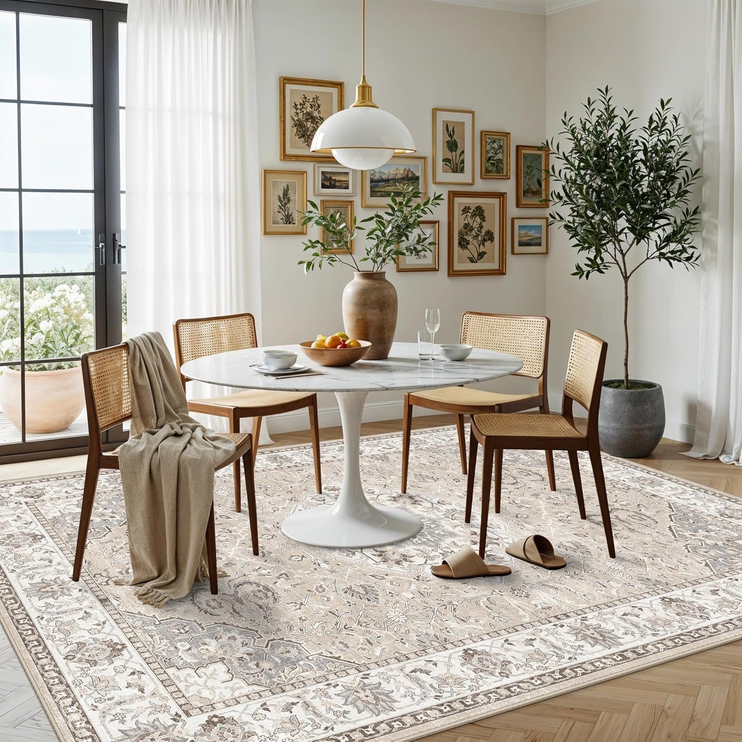 Skiennix 6x9 Area Rug - Ultra Soft, Washable Vintage Carpet | Stain Resistant, Non-Slip Design in Beige