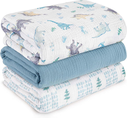 Skiennix Muslin Swaddle Blankets - 3 Pack Soft & Breathable Receiving Blankets | Large 38 x 40 Inches (Blue Dinosaur)