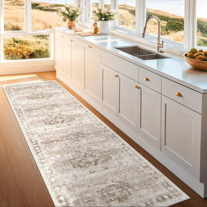 Hazo Haus Hallway Runner Rug - Washable, Non-Slip & Stain Resistant | 2'6"x8' Beige/Latte Boho Floral Decor