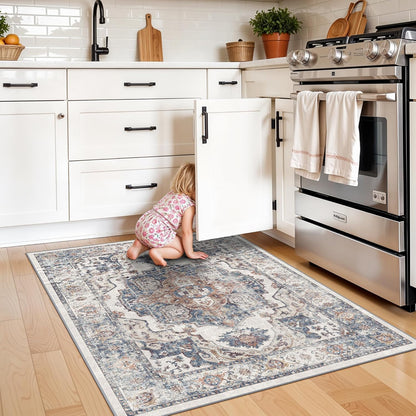 Skiennix Washable Area Rug - Non-Slip, Water-Resistant Kitchen & Bathroom Mat | 3x4, Brick Color